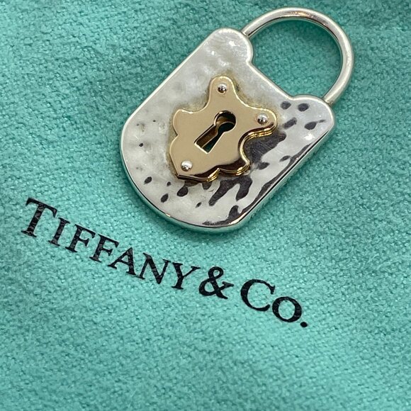 Tiffany & Co Silver & 18K Rose Gold Mini Hammered Oval Lock Key Charm Pendant - Picture 4 of 12